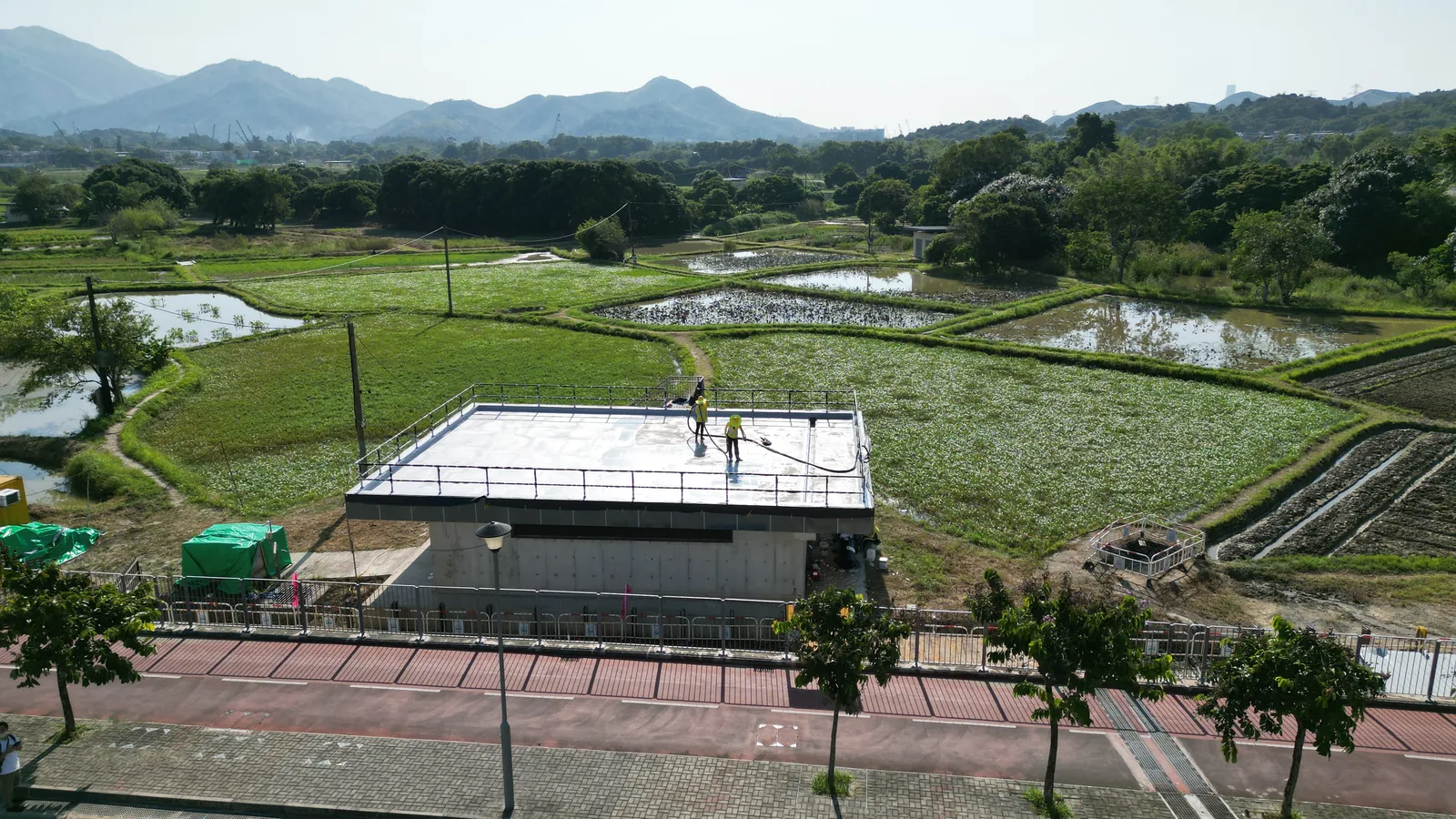 古洞田野中的機房及天台工程遠景,可見屋面工人和周邊農地