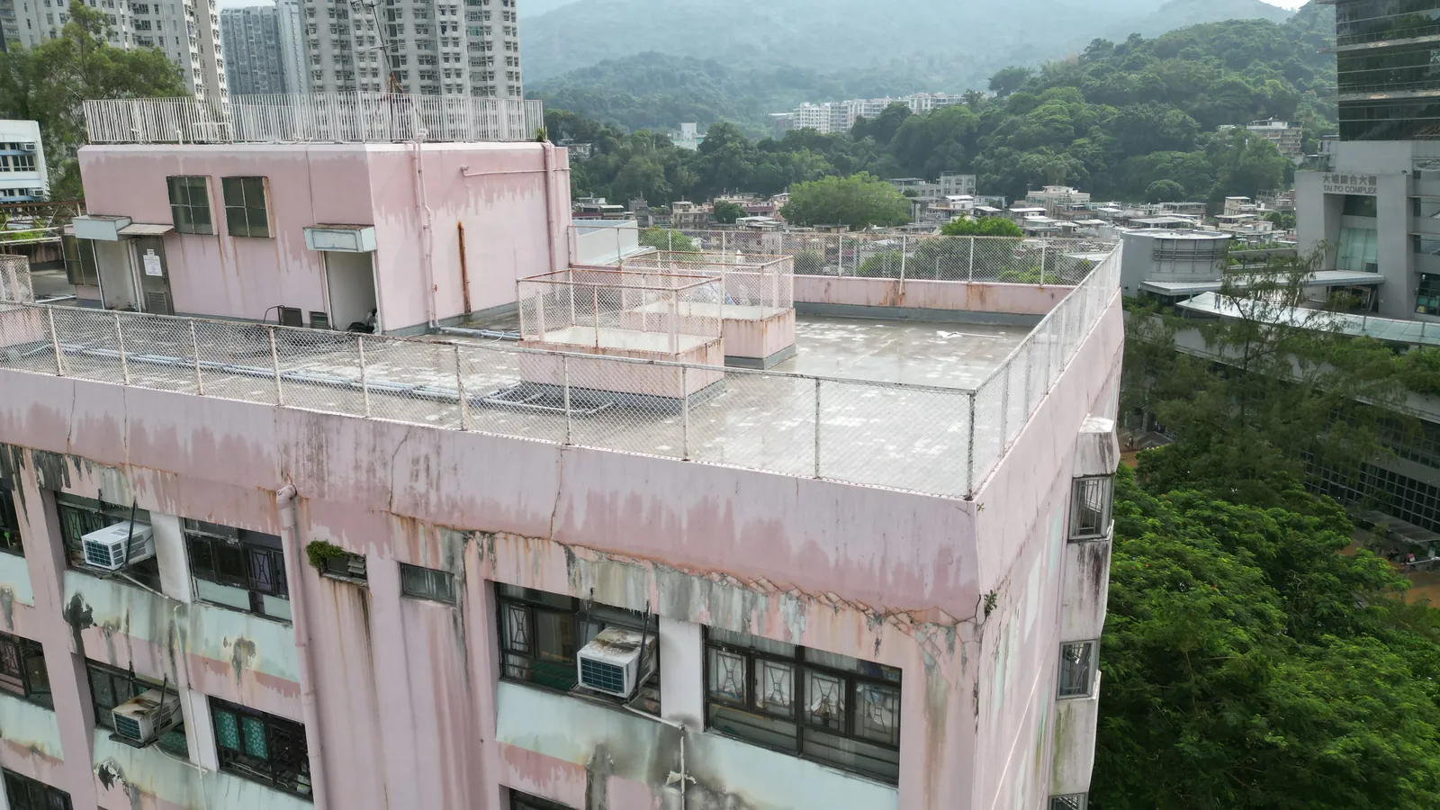 樂善堂粉紅色大樓及斑駁天台的航拍斜視，背景可見山坡和住宅