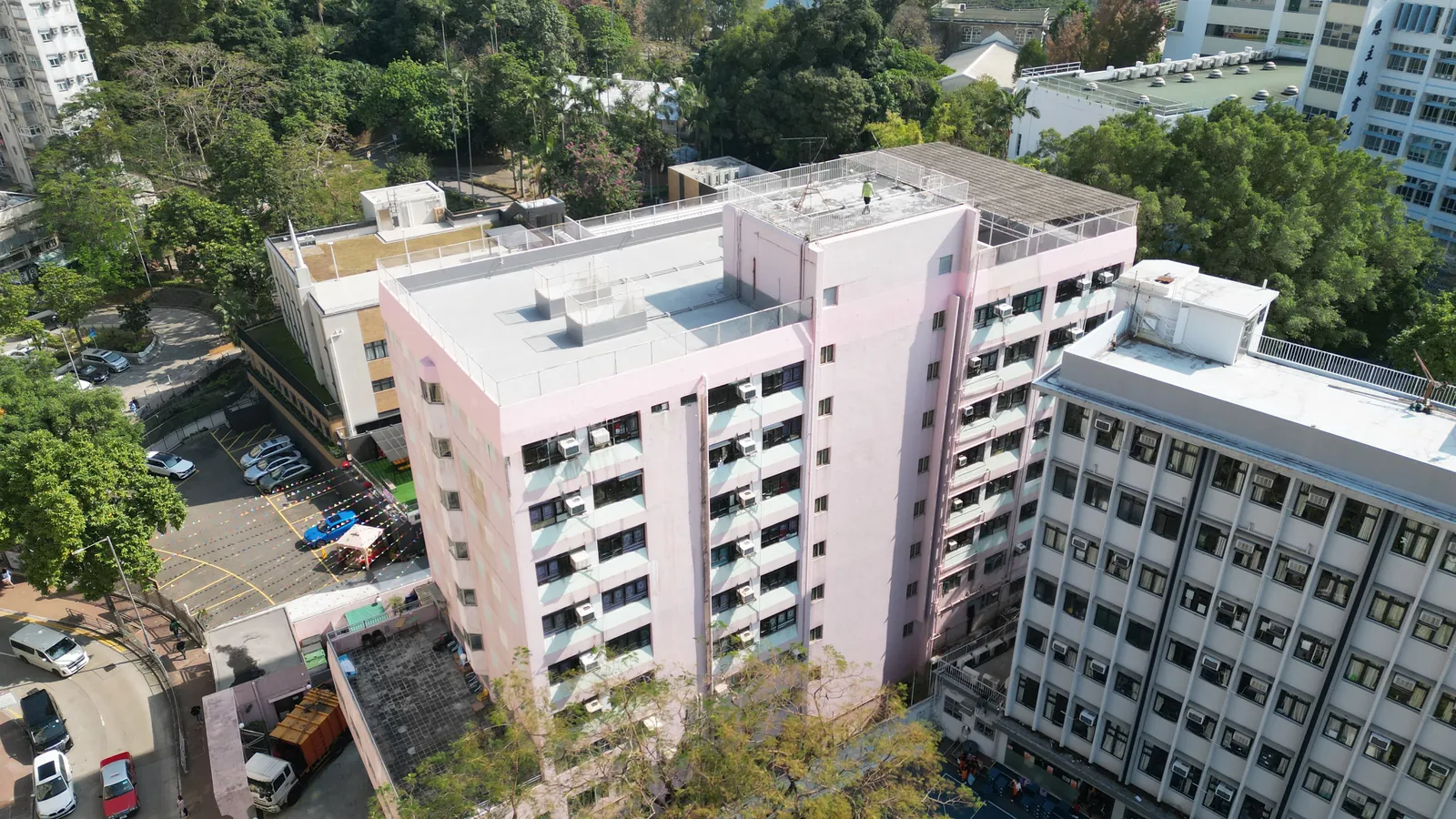 樂善堂粉紅色大樓與相連建築的航拍全景，四周綠樹環繞