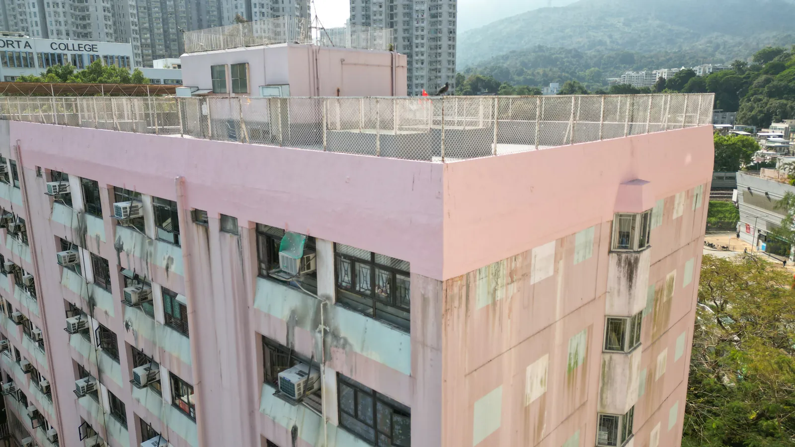 樂善堂粉紅色大樓外牆和天台近景，牆面斑駁並設多部窗式冷氣機