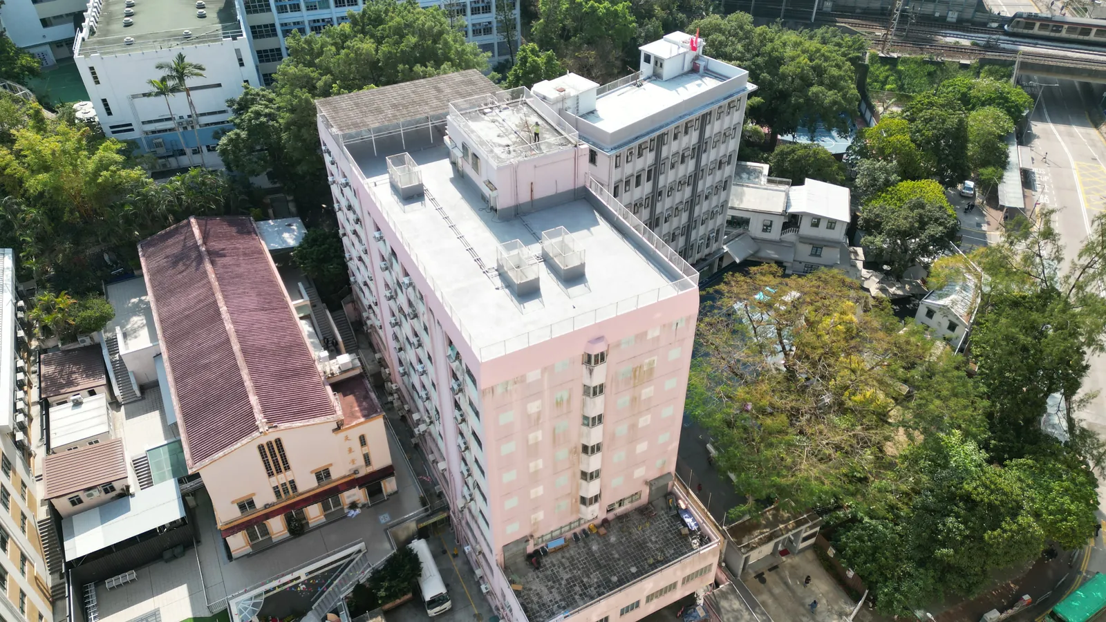 高空俯瞰樂善堂大樓、淺色屋面及周邊校舍和樹木