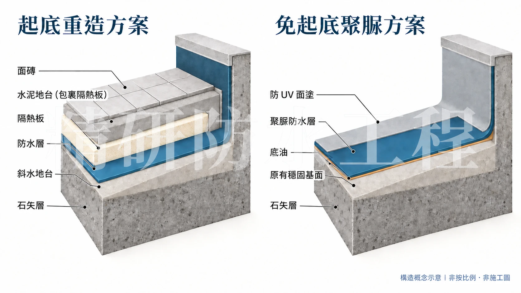 附層名及精研防水工程浮水印的天台剖面：左為防水層上加隔熱板、水泥地台包裹及面磚，右為薄底油、聚脲防水層及薄防 UV 面塗